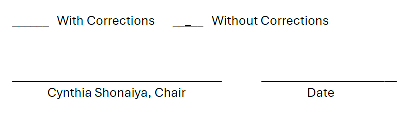 Signature and Date empty Field of Cynthia Shonaiya, Chair and a slight flag on the 'without corrections' section
